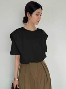 FRIFUL 女士宽松纯色圆领短袖T恤，肩部褶皱拼接设计，夏季 - 黑色 - 查看 4