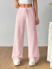SHEIN EZwear Women's Casual Versatile Solid Color Ribbed Wide Leg Pants,Fall Comfy Pants Lounge Pants Pink Sweatpants
