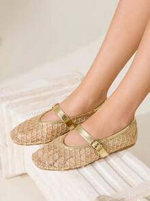 CUCCOO CHICEST 女士网眼圆头平底优雅休闲棕色网眼玛丽珍平底鞋，适合喝茶、约会、休闲装、校园风格、舞会 - 金色 - 查看 2