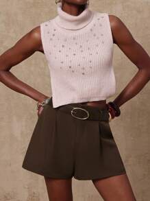 SHEIN Privé VITNOS Fall Summer Glam Holiday Luxury BOHO Old Money Women's Pleated Loose Brown Shorts With Belt - Brown - View 2