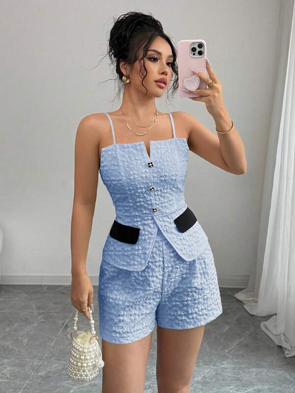 Elenzga 2pcs Women Jacquard Camisole Top And Shorts Set