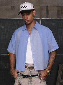 AXEPEAK 男士夏季条纹短袖单排扣休闲衬衫 - 藍色 - 查看 1