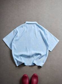 Manfinity Hypemode 男士夏季休闲提花短袖衬衫 - 藍色 - 查看 4