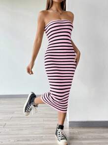 Flirla 女式休闲条纹抹胸紧身针织连衣裙 - 彩色 - 查看 4