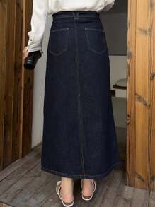 DAZY 女士腰带装饰直筒裙，休闲牛仔A字裙 - 深色水洗藍 - 查看 6