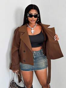 Maweii 大码棕色翻领系腰长袖休闲短外套，适合通勤，秋冬季女装 - 咖啡棕 - 查看 5