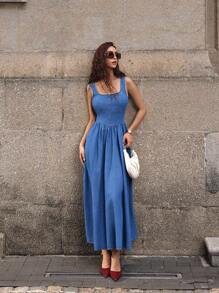 Selenza 女式露背领结无袖长款牛仔连衣裙 - 深色水洗藍 - 查看 5