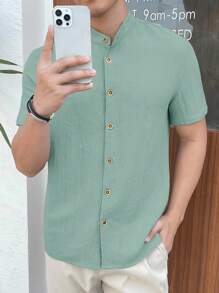 Manfinity BRENVOR 男士休闲梭织短袖立领衬衫，适合日常穿着 - 薄荷綠 - 查看 3