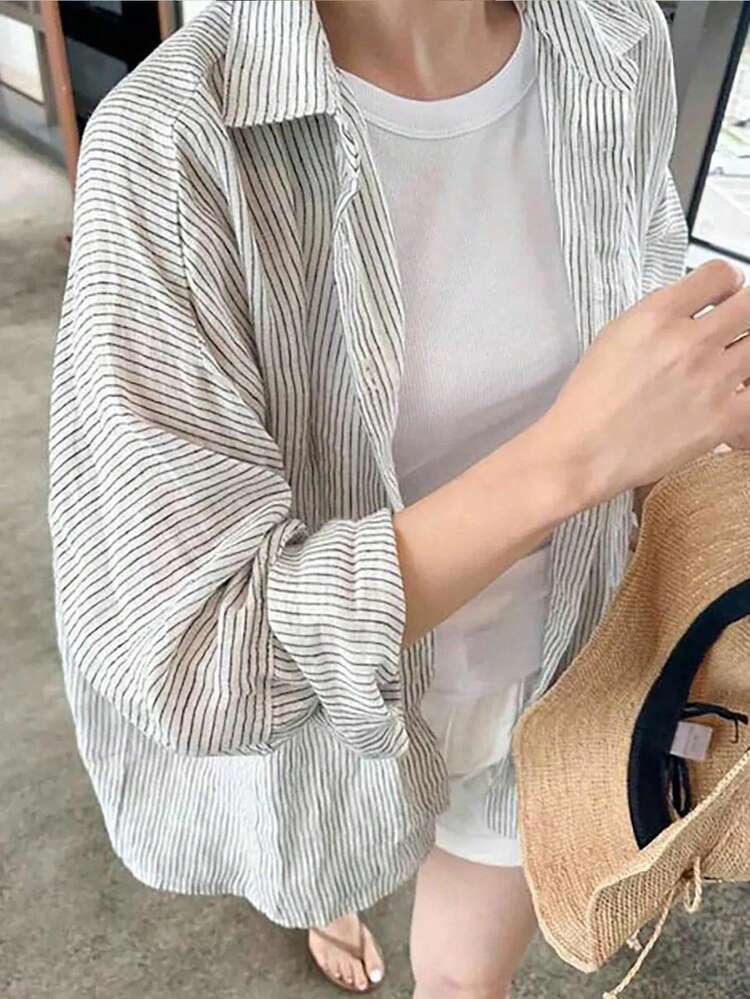 Women Striped Print Button Front Loose Casual Long Sleeve Shirt Fall