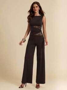 SHEIN BAE Women's Black Elegant Lace Stitching Sincere Extra Long Wide Leg Jumpsuit, Suitable For Daily Dates, Outings, Gatherings, Parties, Elegant Women's Layering, Asymmetric Wide Leg Jumpsuit, Valentine's Day Jumpsuit, Everyday Jumpsuit, Elegant Jumpsuit