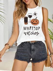 Shutterstock Glamance 女式圆领无袖创意南瓜和字母印花休闲背心，夏季百搭万圣节衬衫无袖图案 T 恤万圣节背心女式图案背心返校适合外出