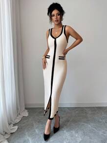 Elenzga Váy yếm dệt kim cài nút phía trước thanh lịch dành cho nữ - Màu be - Xem 3