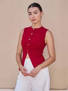 Andrea Bello Women's Elegant Red Heart Metallic Decor Spring/Summer Thin Jacket,Lightweight Suit Jacket, Thin Suit Vest, Suit Jacket For Commute/Elegance/Sexy/Vacation/Beach/Romance/Date/Valentine's Day/Concert/Performance/Party/Prom/Wedding Season/Back To School/Teacher - Burgundy - View 1