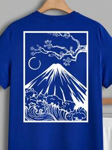 Manfinity Homme Japanese Painting Style Mount & Wave Print Men's Navy Blue Short Sleeve T-Shirt And White Shorts Set, Casual - Blue and White - View 2