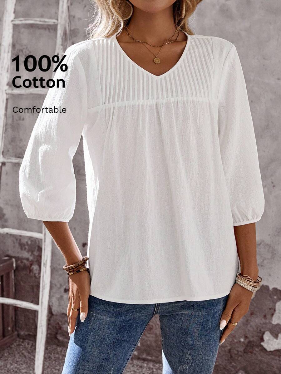 EMERY ROSE 女式纯色 V 领 3/4 袖休闲宽松夏季衬衫外出上衣女式乡村秋季基本款上衣长袖上衣女式外出上衣度假上衣 100% 纯棉上衣棉质衬衫女式 V 领衬衫女式休闲上衣白色纯棉衬衫 - 彩色 - 查看 1