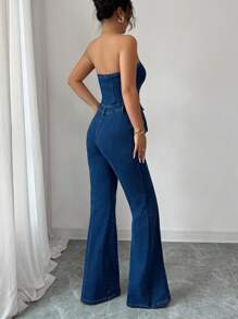 Selianne Summer Fashion Front Button Denim Jumpsuit - Dark Wash - View 2