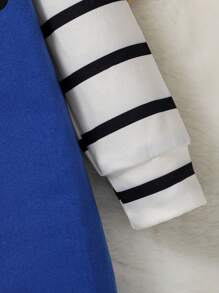 SHEIN 2 件婴幼儿条纹熊图案连体衣和立方耳帽，儿童服装套装，婴儿服装，适合秋冬季场合和日常穿着 - 藍色 - 查看 8