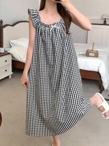 DAZY Sweet Contrast Color Bow Decor A-Line Sleeveless Ruffle Hem Women Nightgown Pajama