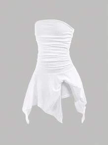 SHEIN 青少年女孩休闲时尚百搭褶皱腰拼接不对称荷叶边下摆连衣裙，白色连衣裙，适合周末、休闲外出、返校、毕业派对、生日聚会、秋冬