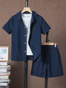 SHEIN Tween Boy Solid Button Front Shirt & Shorts Without Tee, School, Campus, College Summer Holiday