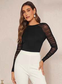 Amorya Kontrastowa siatka Pomarszczona Rękkaw Raglanowy Topy - Czarne - Zobacz 6