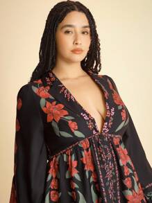 CAJUNI 大码女式休闲度假黑色热带印花短款连衣裙 - 波西米亚风女装/女式西式服装/图案/休闲女装