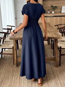 Weeklong Women's Summer Vacation Shirred Waist Tie Sexy Mid-Length Dress - Navy Blue - View 2