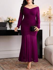Modelyn Plus Size Elegant Solid Color Off Shoulder Fishtail Dress