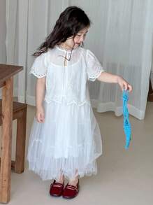 Dazy Kids 女童夏季纯色休闲清新衬衫套装 - 杏色 - 查看 5