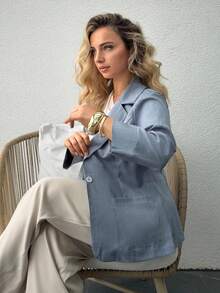 Jeta Ari Blazer minimalista de unicolor con solapa muescada, de un solo pecho y bolsillo - Azul - Ver 4