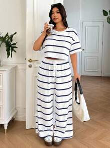 SHEIN EZwear Plus Size Striped T-Shirt And Casual Pants 2 Pieces Set, Summer - Multicolor - View 4
