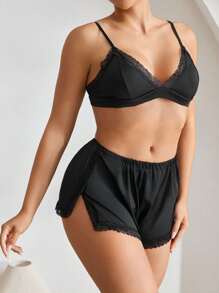 Ocili Contrast Lace Bra & Boyshorts Lingerie Set - Black - View 4