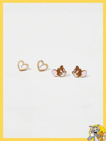 TOM & JERRY X SHEIN 2对心形和卡通老鼠装饰可爱耳环