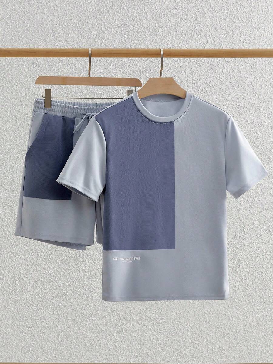 Manfinity VCAY 2件套男士休闲拼接宽松落肩圆领短袖T恤套装 - 藍色 - 查看 1
