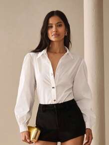 Lilora Áo sơ mi kim loại nút độc đáo, phong cách đô thị, thanh lịch, giản dị, đi chơi, tiệc tùng hàng ngày, phong cách đô thị, dành cho nữ, đi làm thường ngày, giải trí đô thị, lãng mạn và thanh lịch - trắng - Xem 5