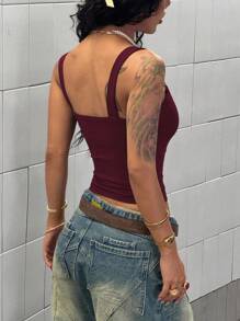 StreetHx 女款春夏橄榄绿罗纹扣装饰 Y2K Baddie 街头风海滩度假吊带背心 - 中紫紅色 - 查看 2