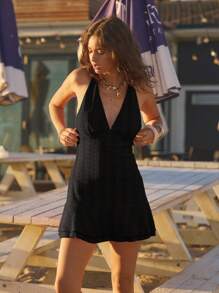 Aralina Women's Solid Color Backless Halter Mini Dress, Suitable For Vacation & Beach - Black - View 4