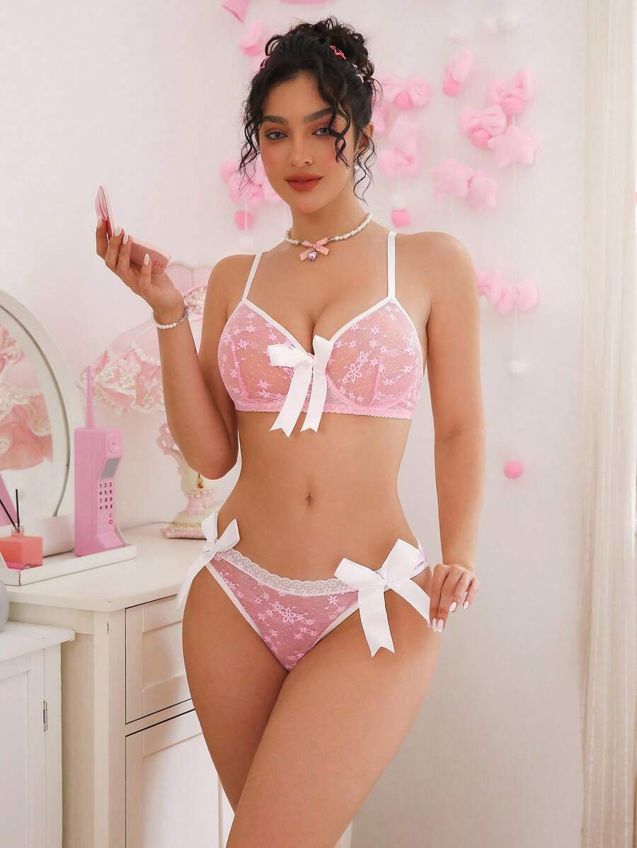 PetitDoll 2件套女士蕾丝提花钢圈文胸套装 - 粉色 - 查看 1
