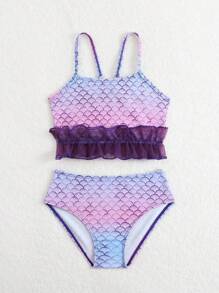 Top de bikini cu bretele subțiri și model sirenă pentru fetițe, cu fustă drăguță din plasă cu volane