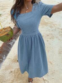DAZY Western Style Square Neck Puff Sleeve Ruched Denim Dress For Women, Summer Sundress Vacation Outfits Women - Light Wash - View 3