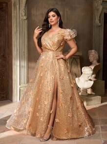 Aureia Plus Size Elegant Romantic Khaki Deep V Neck Ruffle Flutter Sleeve Luxury Sequins Patchwork A-Line Evening Gown, Formal Maxi Dress - Khaki - View 3