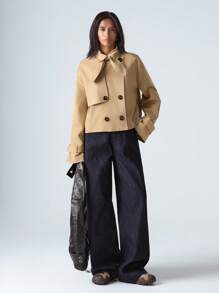 LYSMO Women's Khaki Tie Neck & Drop Shoulder Double Breasted Casual H-Line Trench Coat For Minimalist, Streetwear, Stockholm Style, 2025 Autumn Outerwear - Khaki - View 9