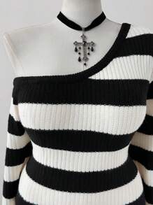 Sunspun New Comfortable Asymmetrical Neck Striped Long Sleeve Sweater Dress Fall Winter Cloth For Women Autumn