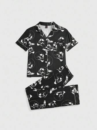 Goth Ensemble de vêtements de détente en tricot à manches courtes avec imprimé crâne gothique, à l'avant ouvert