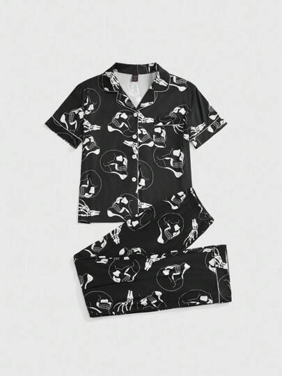 Goth Set di abbigliamento da casa in maglia con stampa gotica a teschio, maniche corte e scollo aperto, adatto per Ognissanti