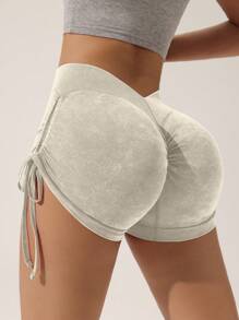 Slayform Slayform Celana Pendek Olahraga Wanita Tanpa Jahitan, Elastisitas Tinggi, Mengangkat Bokong, Berbahan Halus, dengan Tali Serut Samping - Khaki - View 5