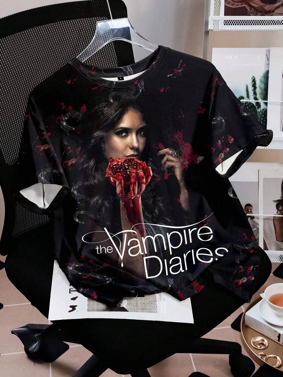 The Vampire Diaries X SHEIN Women's Casual Street Personalized & Letter Print Short Sleeve T-Shirt, Summer Horror Clothes Women Ahs Style Clothes Graphic Tees Women Oversized Halloween Sweatshirt Graphic Sweatshirts