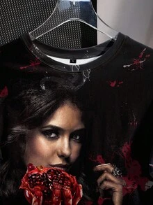 The Vampire Diaries X SHEIN Women's Casual Street Personalized & Letter Print Short Sleeve T-Shirt, Summer Horror Clothes Women Ahs Style Clothes Graphic Tees Women Oversized Halloween Sweatshirt Graphic Sweatshirts
