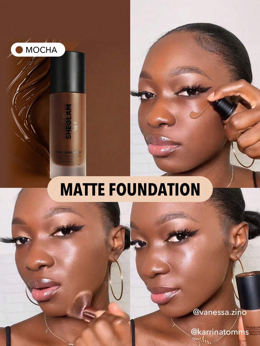 SHEGLAM Complexion Pro Long Lasting Breathable Matte Foundation-Mocha Matte Sweat-Proof Foundation Oil Control Full Coverage Pore-Less Concealer Waterproof Flawless Non-Fading Weightless Liquid Foundation Brand Beauty Makeup Face Paint Cosmetic For Women Girls Perfect For Spring Summer Ideal For Y2K Fancy Fashion Suitable For Birthday Mother'S Day Gift Rave Party Ready Best Color - Mocha - View 1