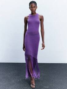 Maija 女式紫色无袖镂空纹理面料流苏下摆修身连衣裙，时尚性感，度假波西米亚风格音乐节庆祝西式连衣裙，节日装扮圣诞节万圣节派对礼服，乡村风格 - 紫色 - 查看 5